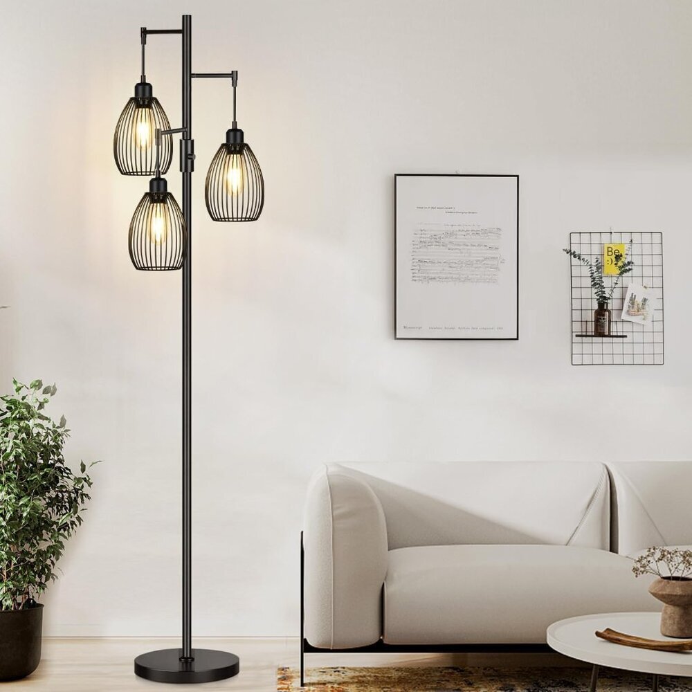 Dimmable Floor Lamp, 3 x 800LM LED Edison Bulbs Included, Farmhouse Industrial F